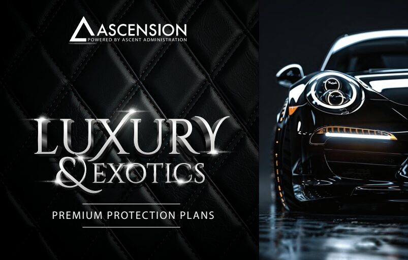Dark, premium-style banner: “Ascension Luxury & Exotics – Premium Protection Plans” next to a lit sports-car front end.