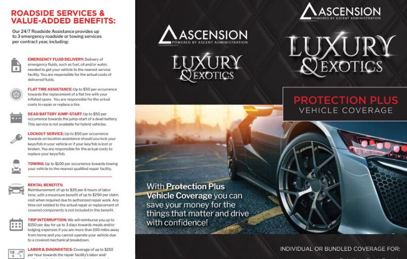 Tri-fold brochure for Ascension’s “Luxury & Exotics – Protection Plus Vehicle Coverage,” listing roadside assistance benefits beside a sports-car photo.